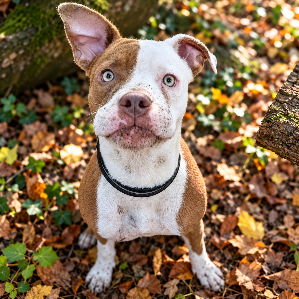 Hermine sitzt beim Spaziergang im herbstlichen Laub