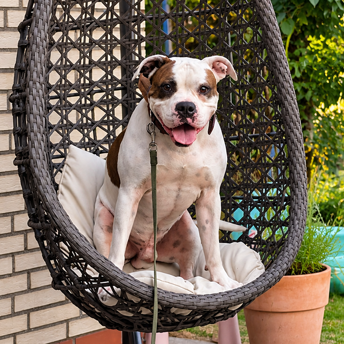 Boxer-Bulldog-Mix Barney sitzt in einer Hängeschaukel