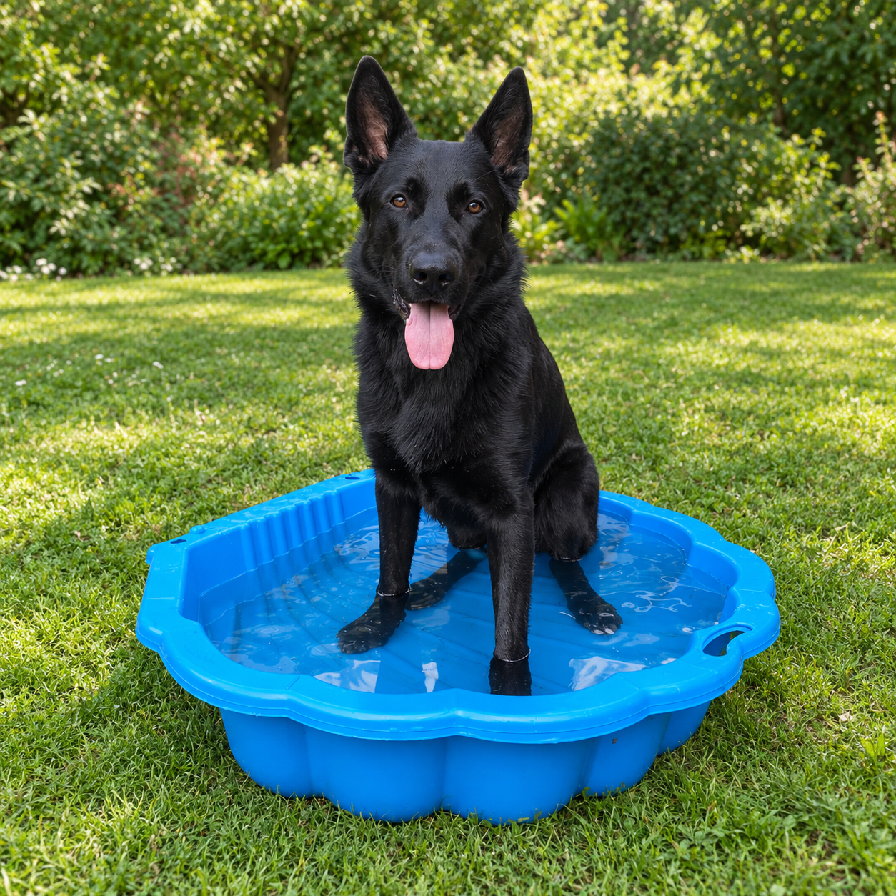 Schäferhund Amarok sitzt zur Abkühlung in einem kleinen Kunststoffplanschbecken im Garten.