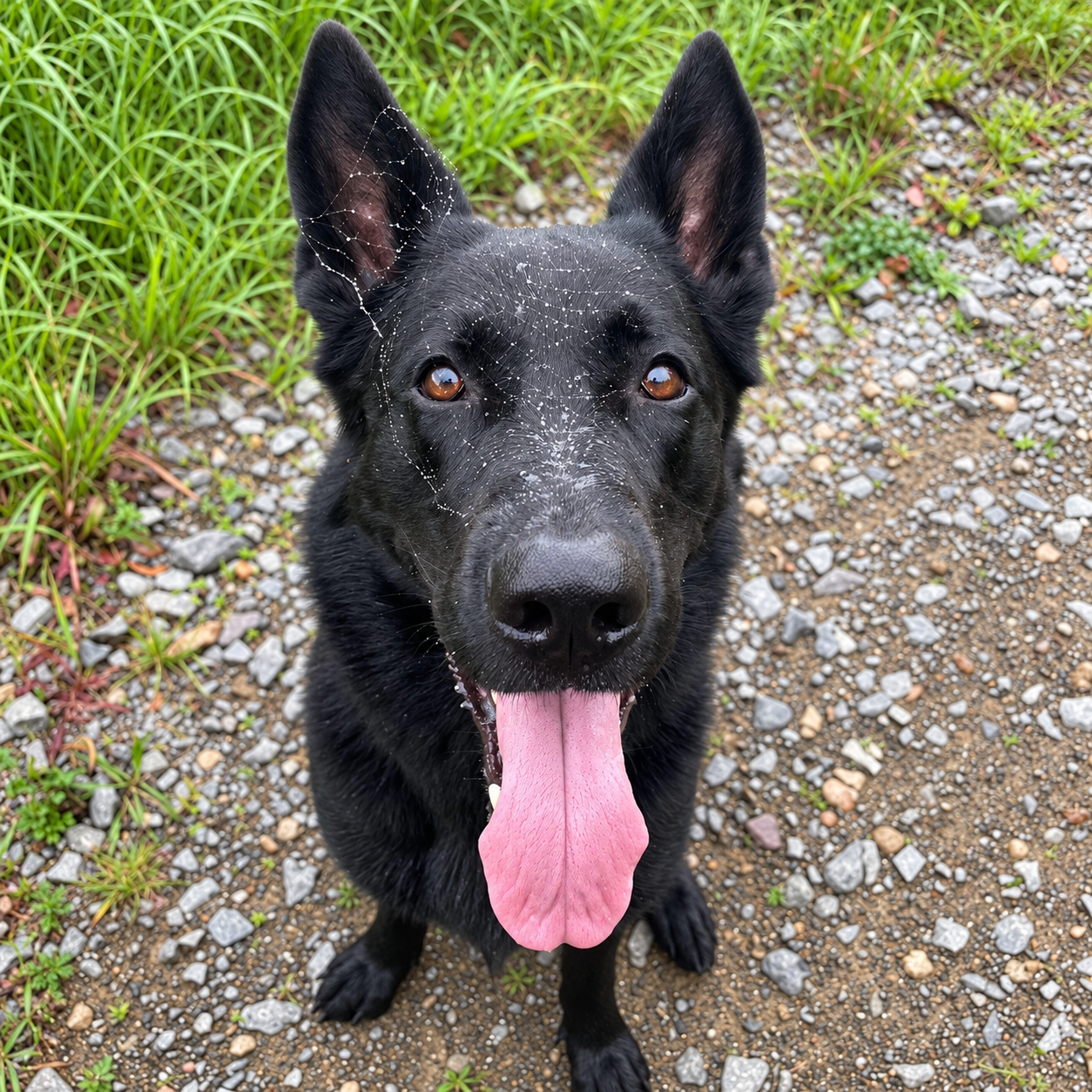 Schäferhund Amarok schaut mit einem aufgespannten Spinnennetz im Gesicht neugierig in die Kamera.