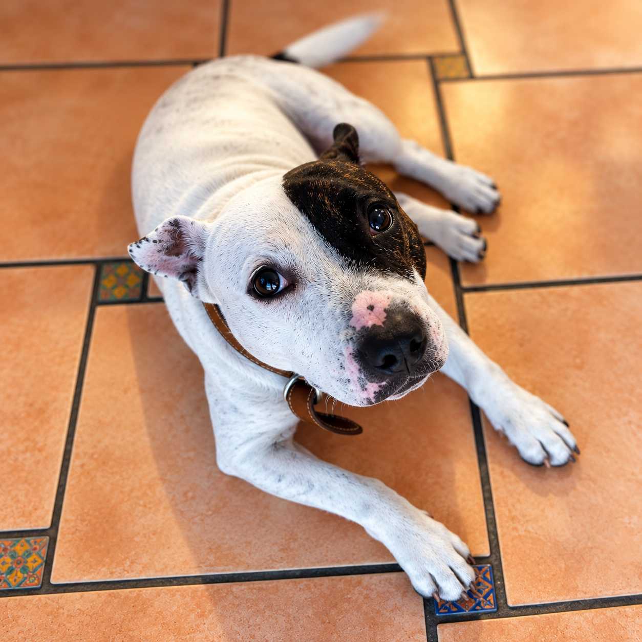 Staffordshire Terrier Louis liegt auf einem Fliesenboden und schaut mit erhobenem Kopf direkt in die Kamera. Seine schwarz-weiße Gesichtszeichnung ist gut zu erkennen.